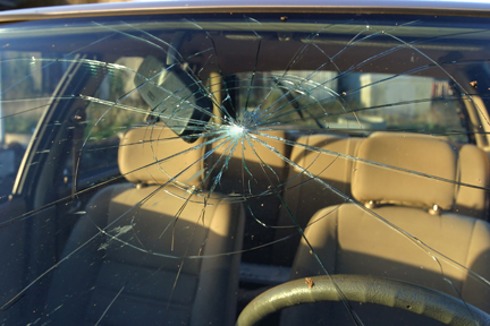 severely cracked automobile windshield